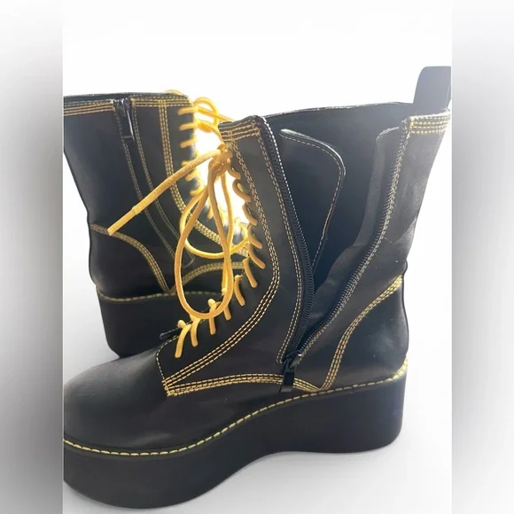 Nasty Gal Black Platform Lace-Up Boots with Yellow Stitching and Laces - Picture 3 of 8
